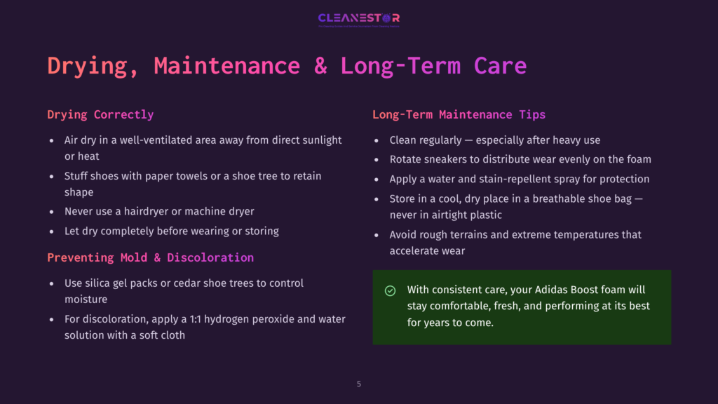 Slide Titled &Quot;Drying, Maintenance &Amp; Long-Term Care&Quot; With Tips For Sneaker Care, Including Drying Correctly And Long-Term Maintenance Advice.