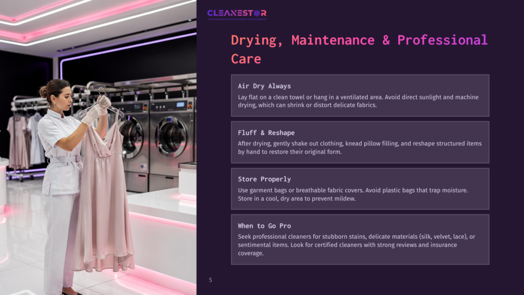 A Professional Cleaner In A White Uniform And Gloves Carefully Hangs A Delicate Pink Dress In A Modern Laundry Room With Washing Machines In The Background. Text Overlay: &Quot;Cleanestor. Drying, Maintenance &Amp; Professional Care.
