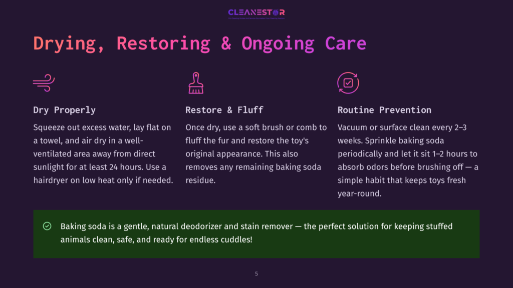 Three Icons Illustrate Toy Cleaning: A Wavy Line For Drying, A Brush For Restore And Fluff, And A Checkmark In A Circle For Routine Prevention. Text Explains How To Dry, Restore, And Prevent Dirt On Stuffed Animals.