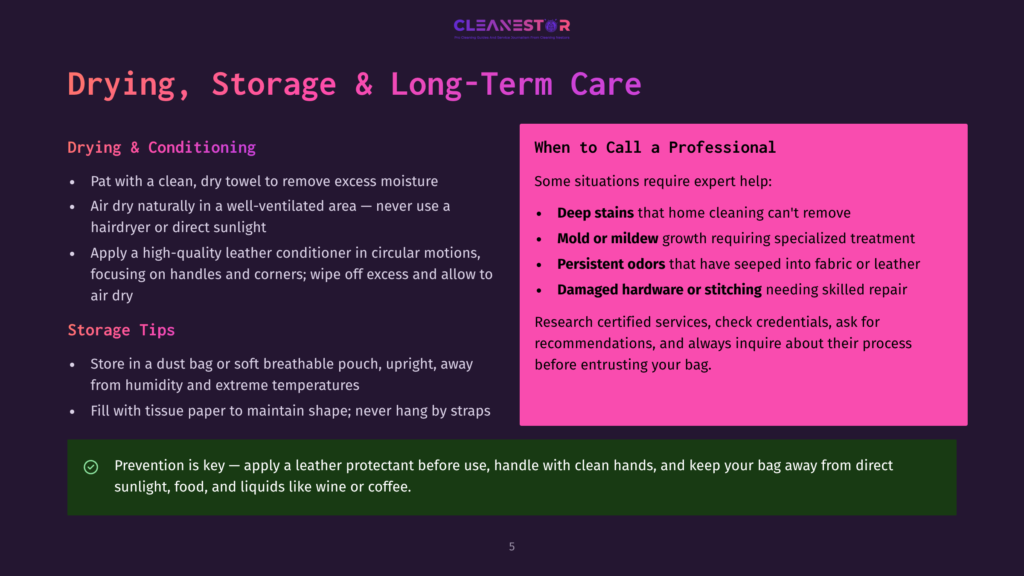 Text On A Purple Background: &Quot;Drying, Storage &Amp; Long-Term Care&Quot; With Tips For Cleaning And Storing Leather Goods, Including &Quot;When To Call A Professional&Quot; And Prevention Advice.
