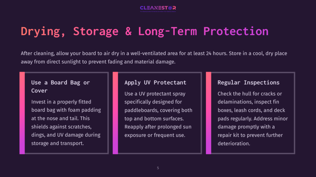 Three Sections On A Dark Background With A Purple Gradient: &Quot;Use A Board Bag Or Cover,&Quot; &Quot;Apply Uv Protectant,&Quot; And &Quot;Regular Inspections.&Quot; Text Details How To Protect Paddleboards.
