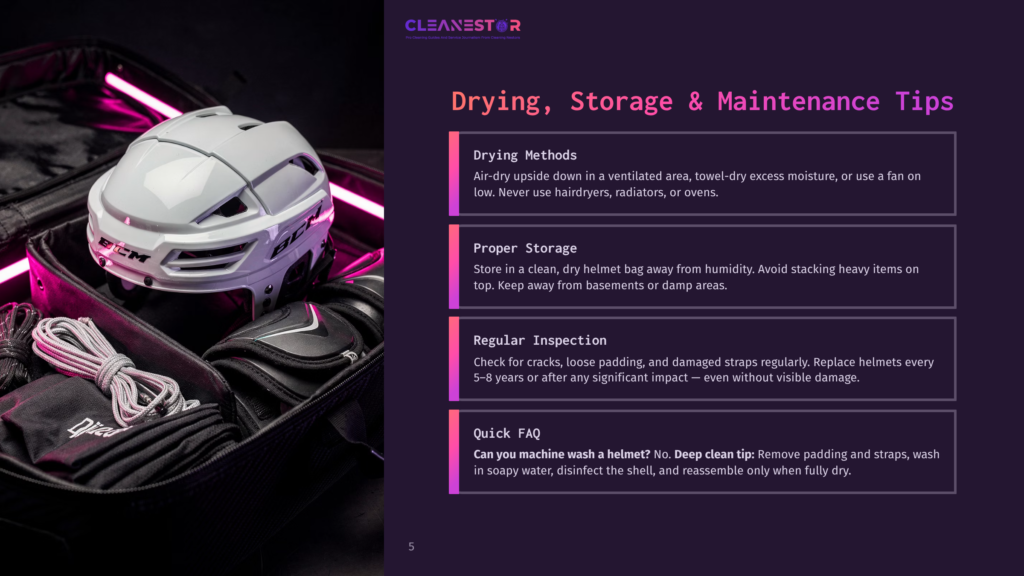 A Helmet In A Case With Various Maintenance Tools. Text Overlays Provide Tips For Drying, Storage, And Regular Inspection Of The Helmet.