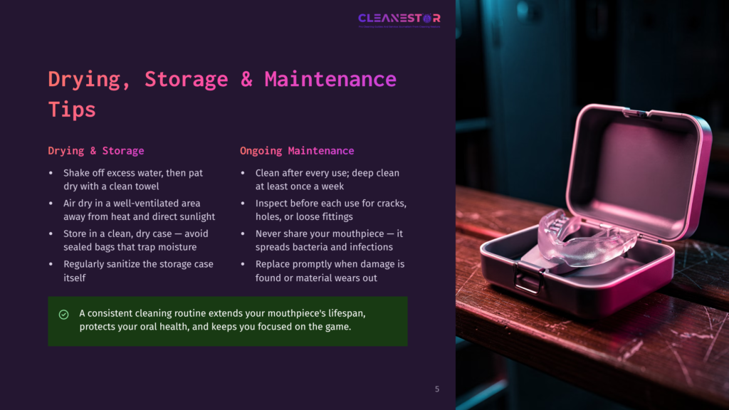 A Pink Mouthguard Case With A Pink Mouthguard Inside Sits On A Dark, Textured Surface With Red And Blue Lighting. The Image Includes Text About Drying, Storage, And Maintenance Of A Mouthguard, With The Cleanestor Logo At The Top.