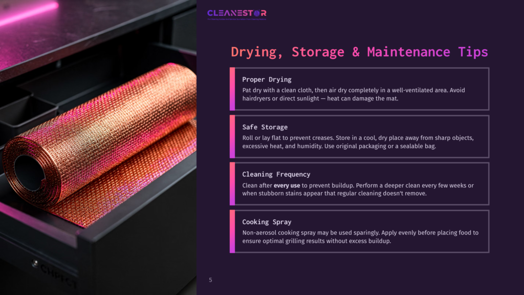 Close-Up Of A Roll Of Shiny, Textured Copper-Colored Material With A Diamond Pattern, Possibly A Grill Mat, With Text Overlay &Quot;Cleanestor Drying, Storage &Amp; Maintenance Tips&Quot;.