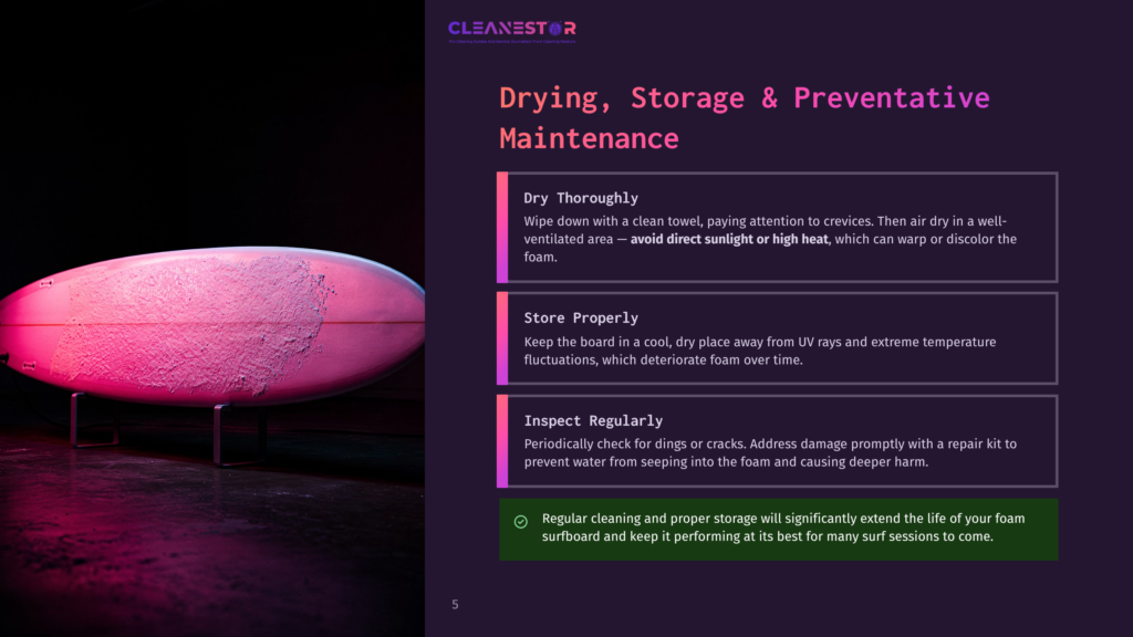 A Pink Surfboard, Illuminated With Led Lights, Rests On A Metal Stand Against A Dark Background, With The Words &Quot;Drying, Storage &Amp; Preventative Maintenance&Quot; Displayed Prominently.