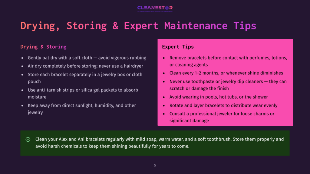 Expert Tips For Drying, Storing, And Maintaining Jewelry, Including Cleaning Advice And Avoiding Harsh Chemicals. Text Includes &Quot;Drying &Amp; Storing&Quot; And &Quot;Expert Tips.