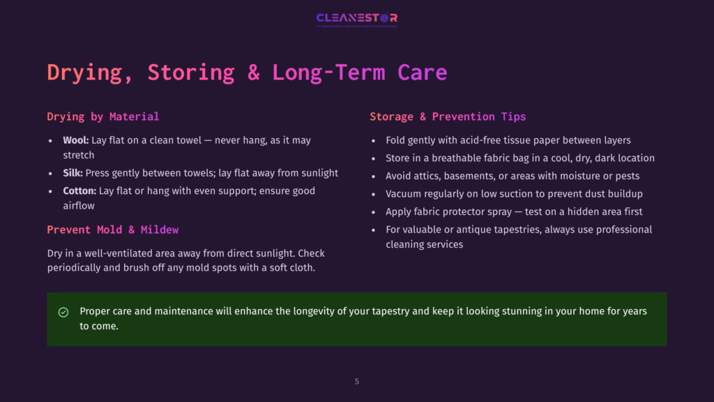 Text On A Dark Purple Background Provides Instructions For Drying, Storing, And Long-Term Care Of Textiles, Including Wool, Silk, And Cotton, With Tips On Preventing Dust Buildup And Using Fabric Protector Spray.