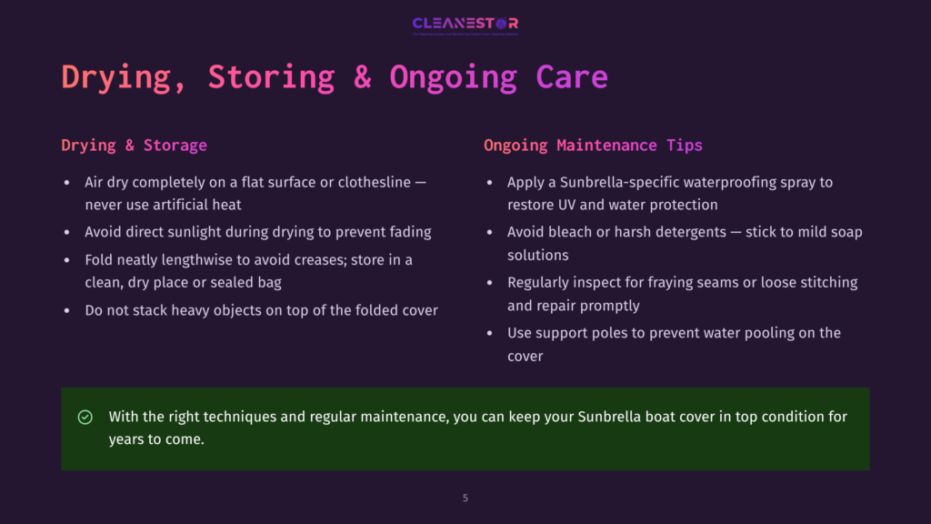 A Webpage With A Purple Background Displays Text About Drying, Storing, And Ongoing Care For A Sunbrella Boat Cover, Emphasizing Tips For Maintaining Its Condition.