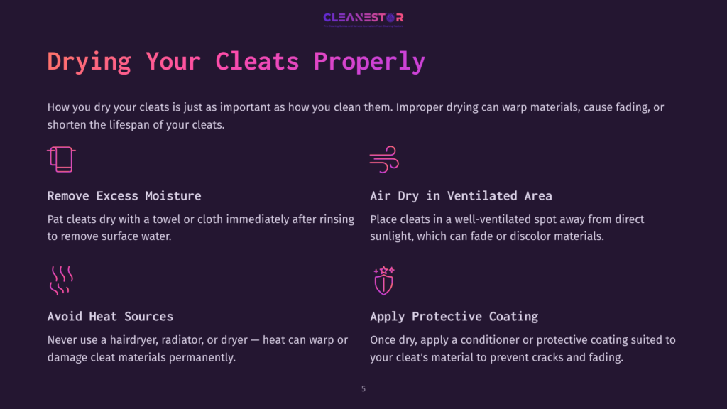 Graphic With Text: &Quot;Drying Your Cleats Properly.&Quot; Sections Include &Quot;Remove Excess Moisture,&Quot; &Quot;Air Dry In Ventilated Area,&Quot; &Quot;Avoid Heat Sources,&Quot; And &Quot;Apply Protective Coating.