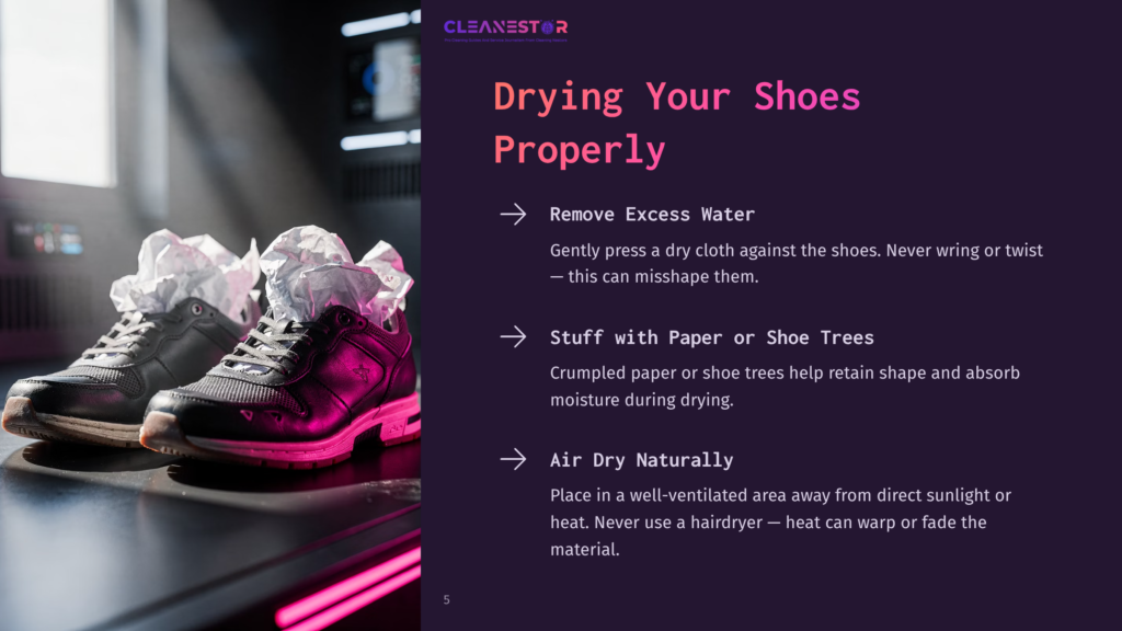 Close-Up Of Two Athletic Shoes, One Black And One Pink, Stuffed With Crumpled Paper To Aid In Drying. The Image Showcases Proper Shoe Drying Techniques.