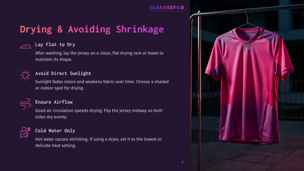 A Vibrant Pink And Purple Athletic Shirt Hangs On A Rack, With Text Overlay Detailing How To Dry Clothes To Avoid Shrinkage, Including Tips On Lay Flat To Dry, Avoiding Direct Sunlight, Ensuring Airflow, And Using Cold Water Only.