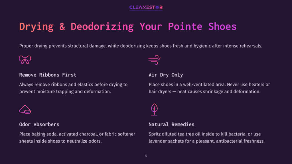 Infographic Titled &Quot;Drying &Amp; Deodorizing Your Pointe Shoes&Quot; With Icons And Text On Drying, Deodorizing, Ribbon Removal, And Natural Remedies For Pointe Shoes.
