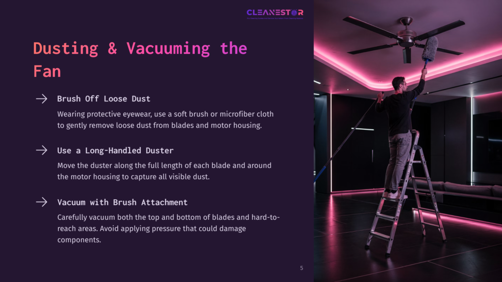 A Man On A Ladder Uses A Duster To Clean A Ceiling Fan, With Text Overlay &Quot;Dusting &Amp; Vacuuming The Fan&Quot; And &Quot;Cleanestor&Quot;.