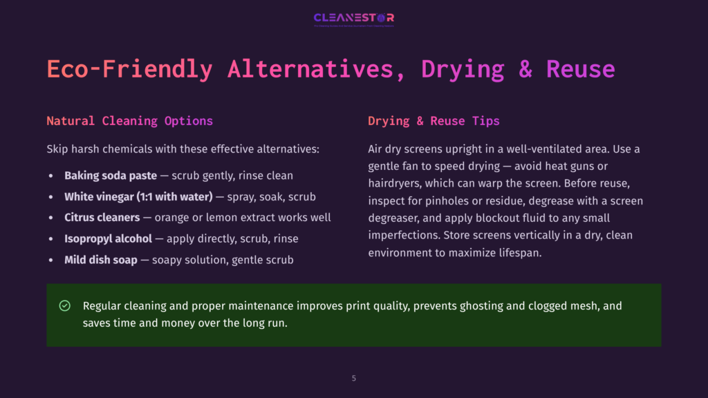 A Slide Titled &Quot;Eco-Friendly Alternatives, Drying &Amp; Reuse&Quot; With Sections On Natural Cleaning Options And Drying &Amp; Reuse Tips, Listing Eco-Friendly Cleaning Methods And Screen Drying Advice.