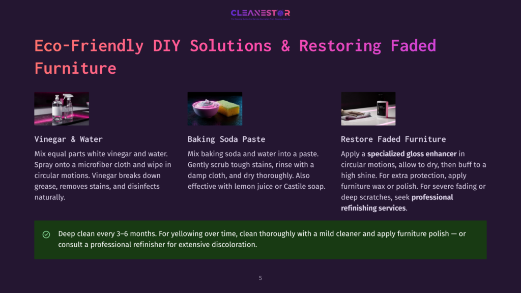 Three Diy Furniture Restoration Methods: Cleaning With Vinegar And Water, A Baking Soda Paste For Stains, And A Gloss Enhancer For Faded Furniture.