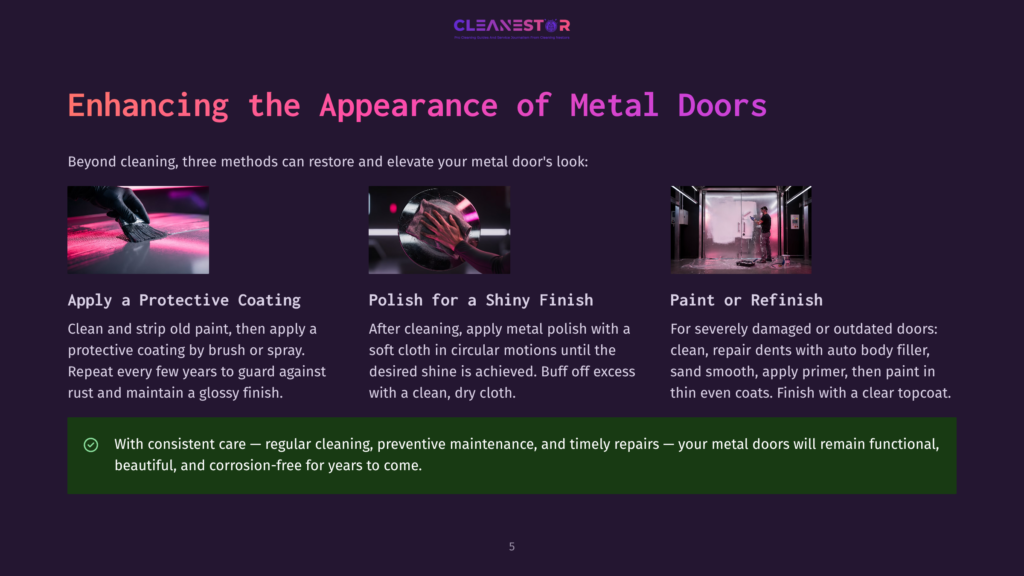 Three Panels Illustrating Methods To Enhance Metal Doors: Applying A Protective Coating With A Brush, Polishing A Shiny Finish With A Cloth, And Painting Or Refinishing A Door With Spray Paint And Sanding.
