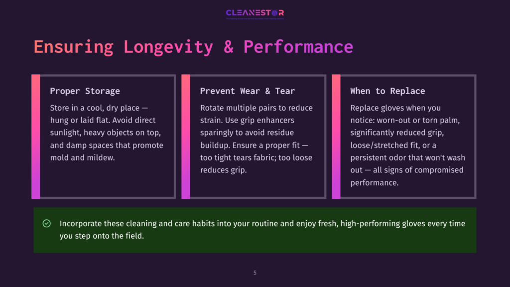 Three Panels Detailing How To Ensure Longevity And Performance Of Cleaning Gloves: Proper Storage, Prevent Wear &Amp; Tear, And When To Replace. The Text &Quot;Cleanestor&Quot; Is Visible At The Top.