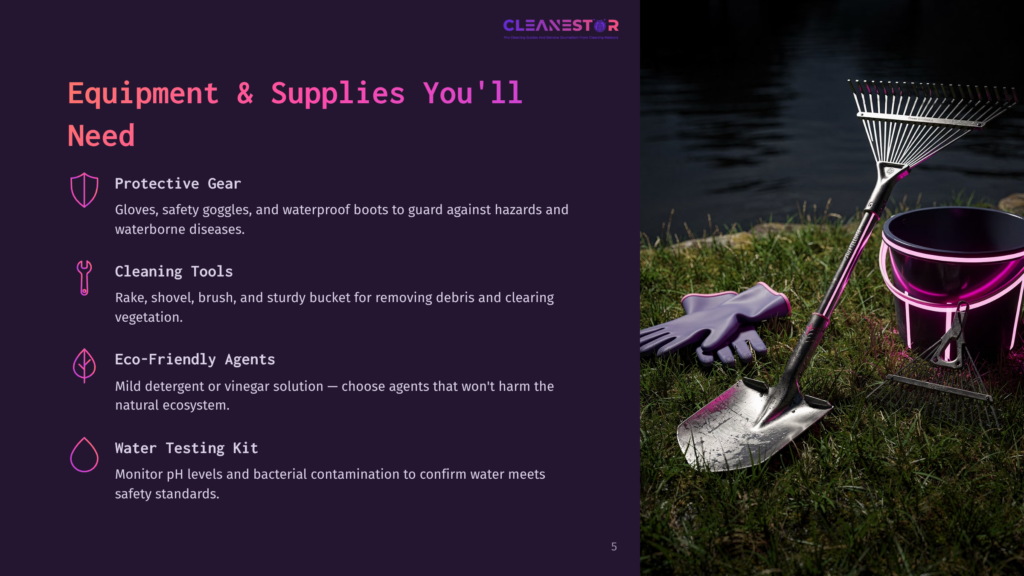 A Collection Of Cleaning Tools And Protective Gear, Including Gloves, A Shovel, A Rake, And A Bucket, Are Arranged On A Grassy Lawn Next To A Body Of Water. The Text &Quot;Cleanestor&Quot; Is Visible At The Top.