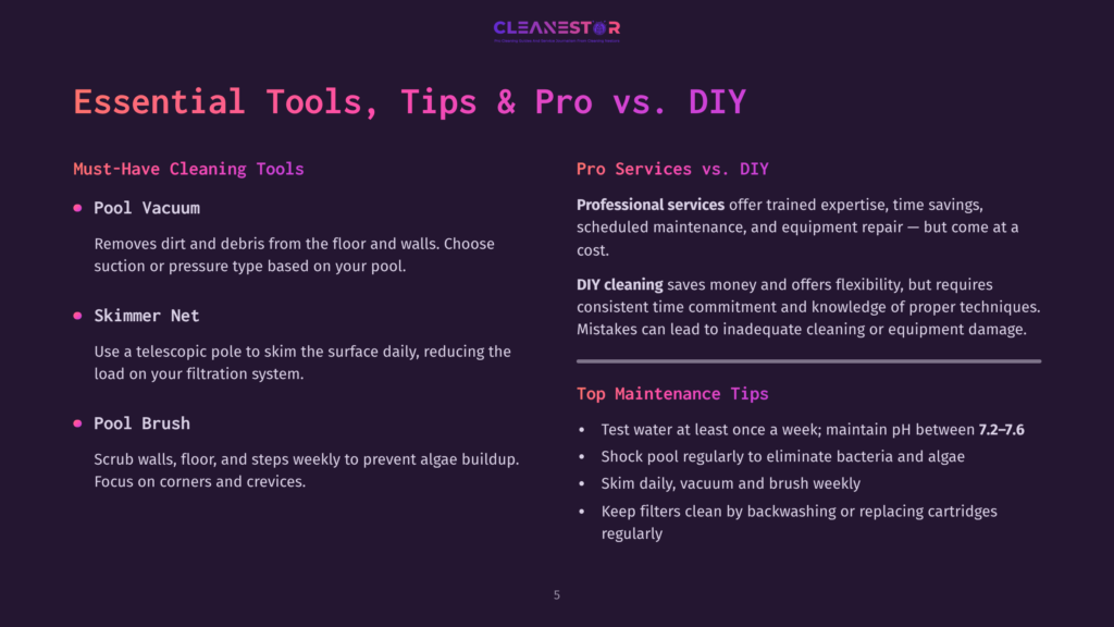 5 Essential Tools Tips And Pro Vs Diy Presentation Slide Titled &Quot;Essential Tools, Tips &Amp; Pro Vs. Diy&Quot; Detailing Pool Cleaning Essentials Like Vacuum, Skimmer Net, And Brush, Alongside Diy Cleaning Tips.