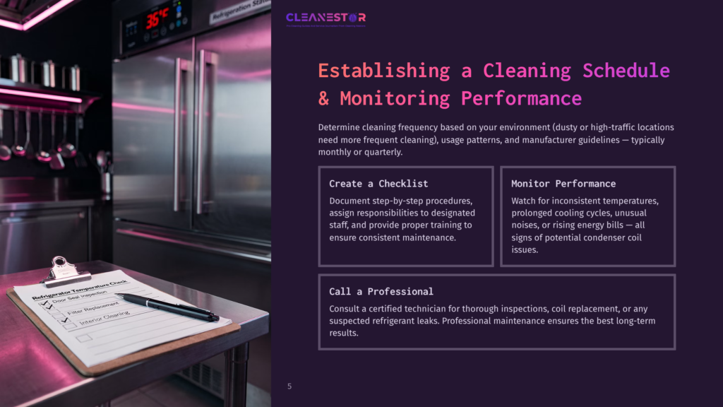 A Checklist On A Clipboard Rests On A Stainless Steel Counter Next To A Refrigerator Displaying A Temperature Of 35°F. The Checklist Includes Items Like &Quot;Door Seal Inspection&Quot; And &Quot;Interior Cleaning.