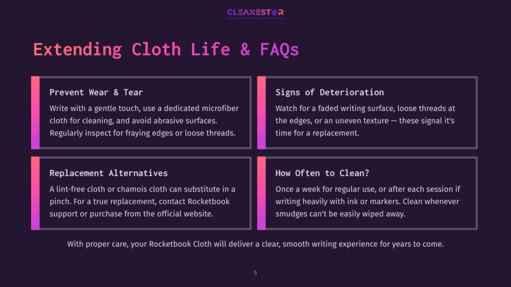 Cleanestor Logo Above &Quot;Extending Cloth Life &Amp; Faqs&Quot; Title. Four Sections: &Quot;Prevent Wear &Amp; Tear&Quot;, &Quot;Signs Of Deterioration&Quot;, &Quot;Replacement Alternatives&Quot;, And &Quot;How Often To Clean?&Quot;.
