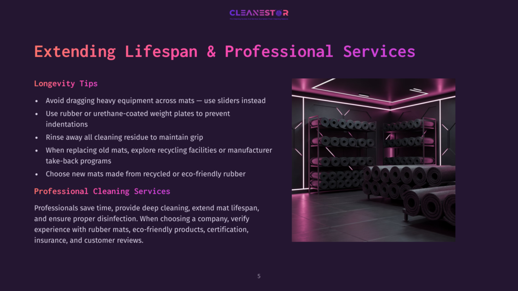 5 Extending Lifespan And Professional Services A Modern, Dimly Lit Gym Interior With Rows Of Neatly Stacked Yoga Mats On Industrial Shelving. The Scene Is Illuminated By Purple And Pink Neon Lights, Creating A Vibrant, Professional Atmosphere.