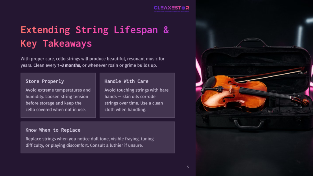 5 Extending String Lifespan And Key Takeaways A Close-Up Of A Violin And Bow In An Open Black Case, With Text Overlay Offering Tips On Extending String Lifespan And Cello Care, Including &Quot;Store Properly&Quot; And &Quot;Handle With Care.
