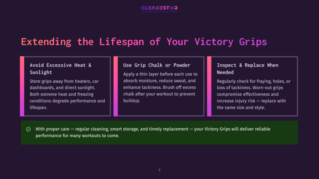 Three Panels With Text Advising On Extending The Lifespan Of Victory Grips: Avoid Excessive Heat &Amp; Sunlight, Use Grip Chalk Or Powder, And Inspect &Amp; Replace When Needed. A Green Checkmark And Text At The Bottom State That With Proper Care, Victory Grips Deliver Reliable Performance.