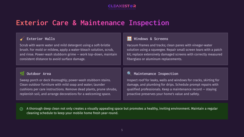 Exterior Care &Amp; Maintenance Inspection Checklist: Exterior Walls, Windows &Amp; Screens, Outdoor Area, And Maintenance Inspection. The Checklist Is Presented On A Dark Purple Background With White Text And Icons.