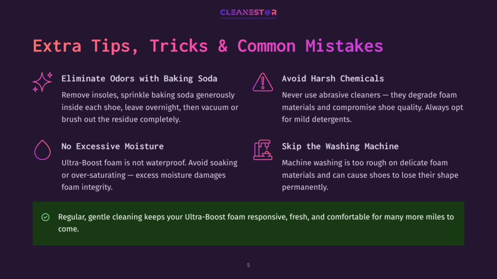 Infographic With Text: &Quot;Extra Tips, Tricks &Amp; Common Mistakes&Quot; For Cleaning Shoes. Sections Cover Eliminating Odors With Baking Soda, Avoiding Harsh Chemicals, No Excessive Moisture, And Skipping The Washing Machine.