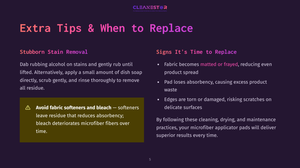 Cleanestor Logo. Text Reads: &Quot;Extra Tips &Amp; When To Replace Stubborn Stain Removal&Quot; And &Quot;Signs It'S Time To Replace&Quot;. Tips Include Avoiding Fabric Softeners And Bleach.