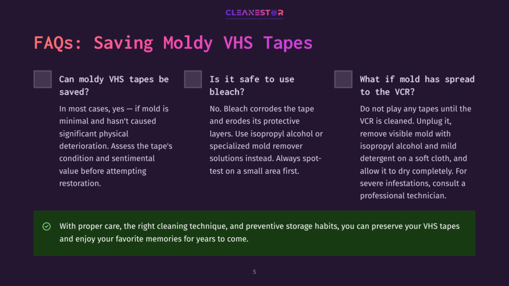 Faqs About Saving Moldy Vhs Tapes, Featuring Questions About Mold Damage, Bleach Safety, And Mold Spread On Vhs Tapes, With A Green Checkmark Highlighting Preservation Tips.