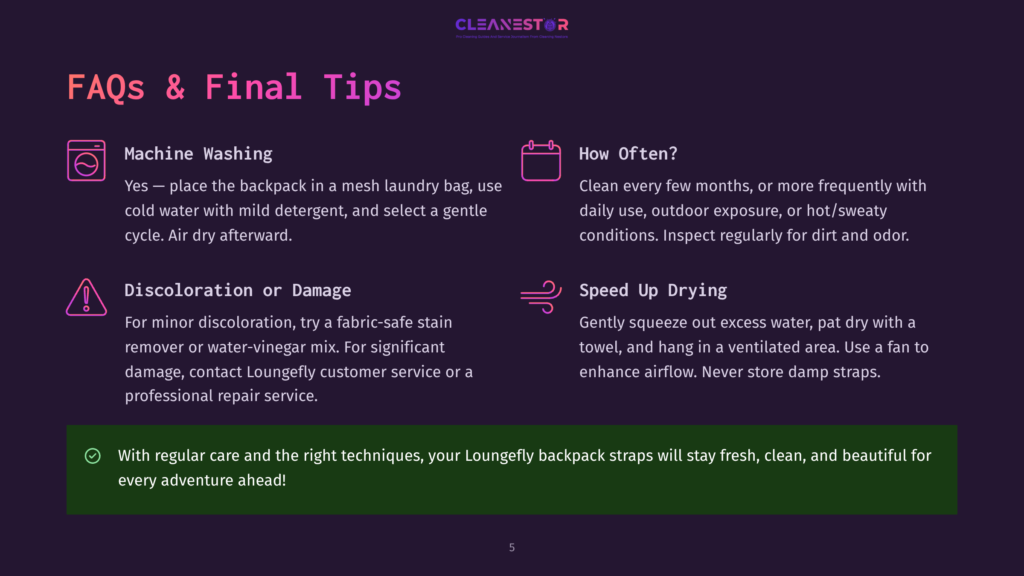 A Faq Section On A Dark Purple Background With White Text. It Includes A Section On Machine Washing, With An Icon Of A Washing Machine, And Another On Discoloration Or Damage, With An Exclamation Mark Icon. A Third Section Is On Speeding Up Drying, With An Icon Of A Fan. A Final Green Section Reassures That With Regular Care, Loungefly Backpack Straps Will Stay Fresh, Clean, And Beautiful.