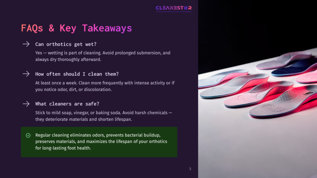 Orthotics Cleaning Guide: Faqs And Key Takeaways, Including How Often To Clean Them And What Cleaners Are Safe. The Image Shows A Selection Of Colorful Orthotic Insoles In Various Shades Of Pink, Blue, And Grey, Arranged In A Row.