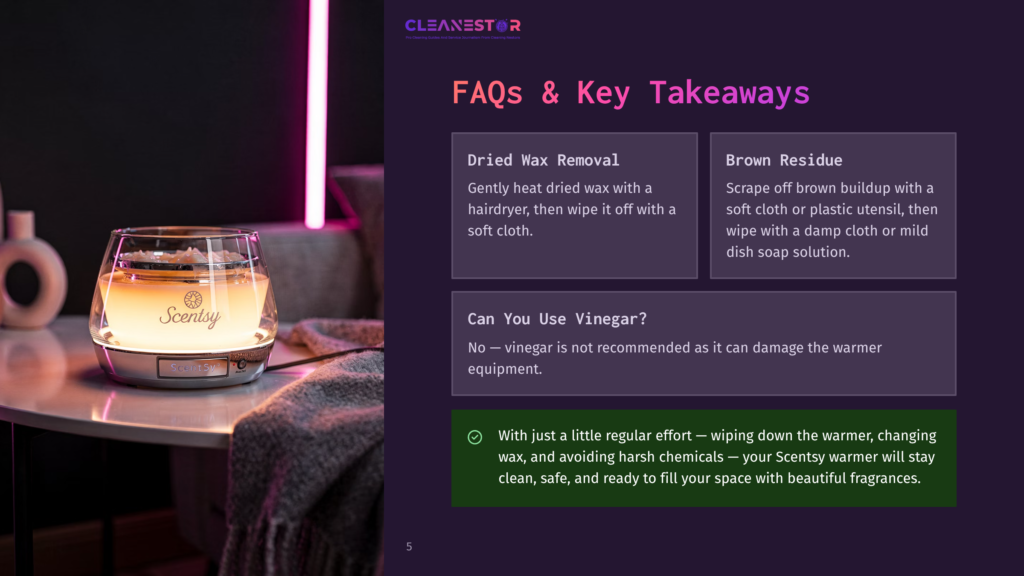 A Scentsy Warmer Glows Warmly On A Table, Its Light Illuminating The Room. The Image Is Part Of A Presentation About Scentsy Faqs And Takeaways, Featuring Text About Wax Removal And Vinegar Use.