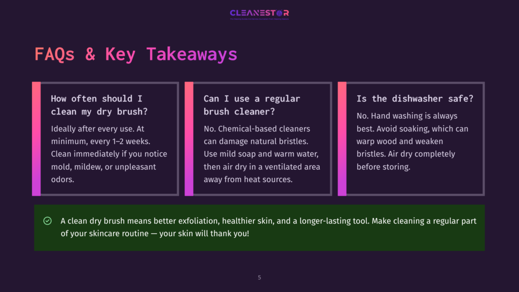 A Dark Purple Background Features Three Vertical Panels With Faqs About Dry Brushes. The Panels Cover Cleaning Frequency, Using Regular Brush Cleaners, And Dishwasher Safety.