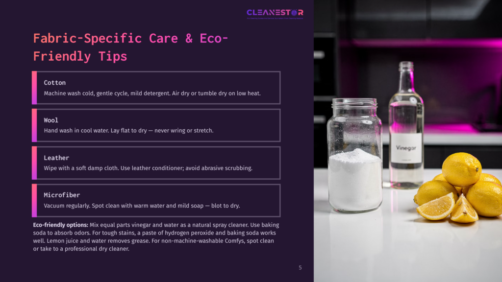 A Still Life Composition Featuring A Jar Of White Baking Soda, Lemons, And A Bottle Of Vinegar On A Kitchen Counter, With A Purple Text Overlay Detailing Fabric Care Tips.