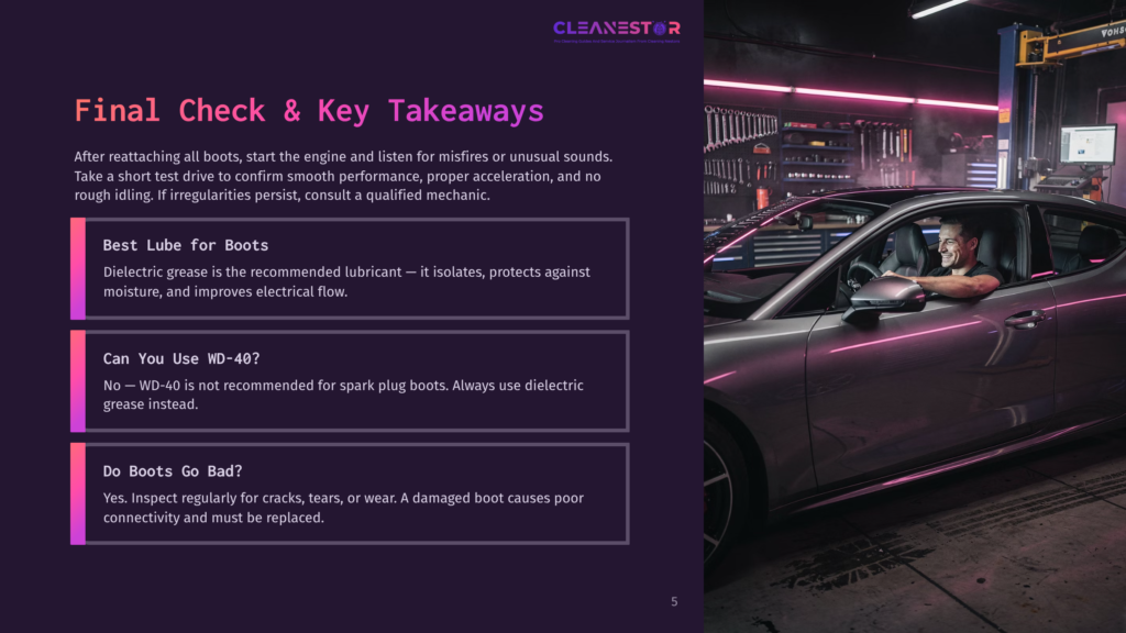 5 Final Check And Key Takeaways A Man Smiles As He Sits In A Sleek, Silver Sports Car In A Brightly Lit Auto Repair Shop. The Car Is Parked In Front Of A Tool-Filled Wall, With A Lift Visible In The Background.