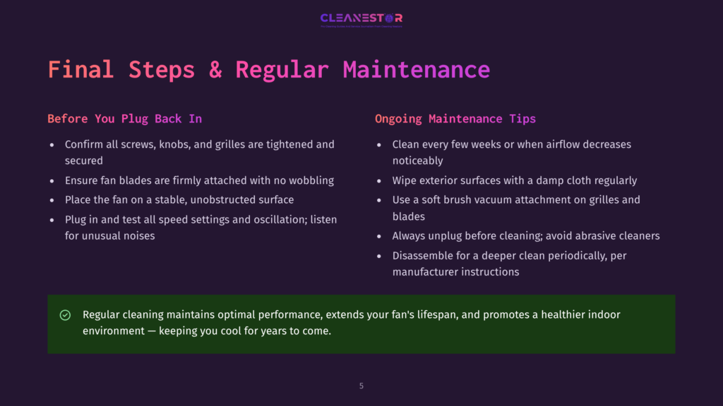 An Infographic Titled &Quot;Final Steps &Amp; Regular Maintenance&Quot; Displays Maintenance Tips For Fans, Including Tightening Screws, Ensuring Fan Blades Are Firmly Attached, And Cleaning With A Damp Cloth, On A Dark Purple Background.