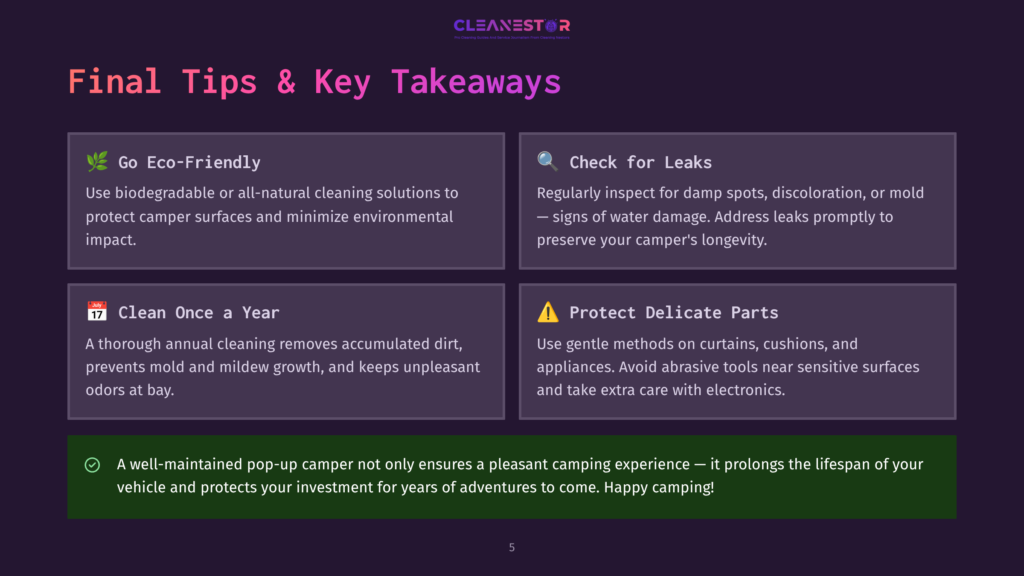 Infographic With The Title &Quot;Final Tips &Amp; Key Takeaways&Quot; From Cleanestor, Detailing Four Key Points For Camper Maintenance: &Quot;Go Eco-Friendly,&Quot; &Quot;Check For Leaks,&Quot; &Quot;Clean Once A Year,&Quot; And &Quot;Protect Delicate Parts.