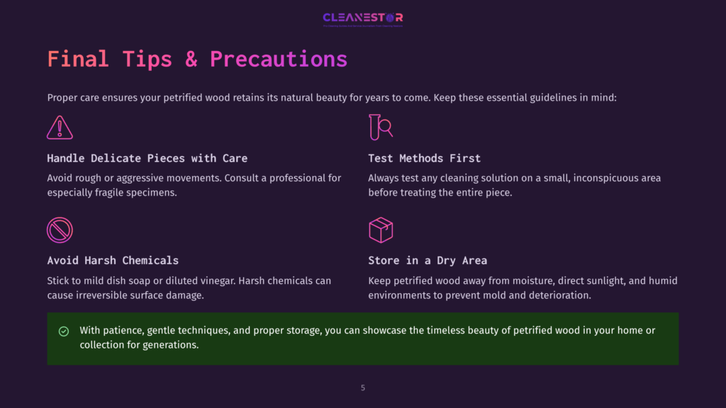 5 Final Tips And Precautions 1 A Dark Purple Background With The Text &Quot;Cleanestor&Quot; At The Top, Followed By &Quot;Final Tips &Amp; Precautions&Quot; And Bullet Points With Icons For Handling Delicate Pieces, Testing Methods, Avoiding Harsh Chemicals, And Storing In A Dry Area.