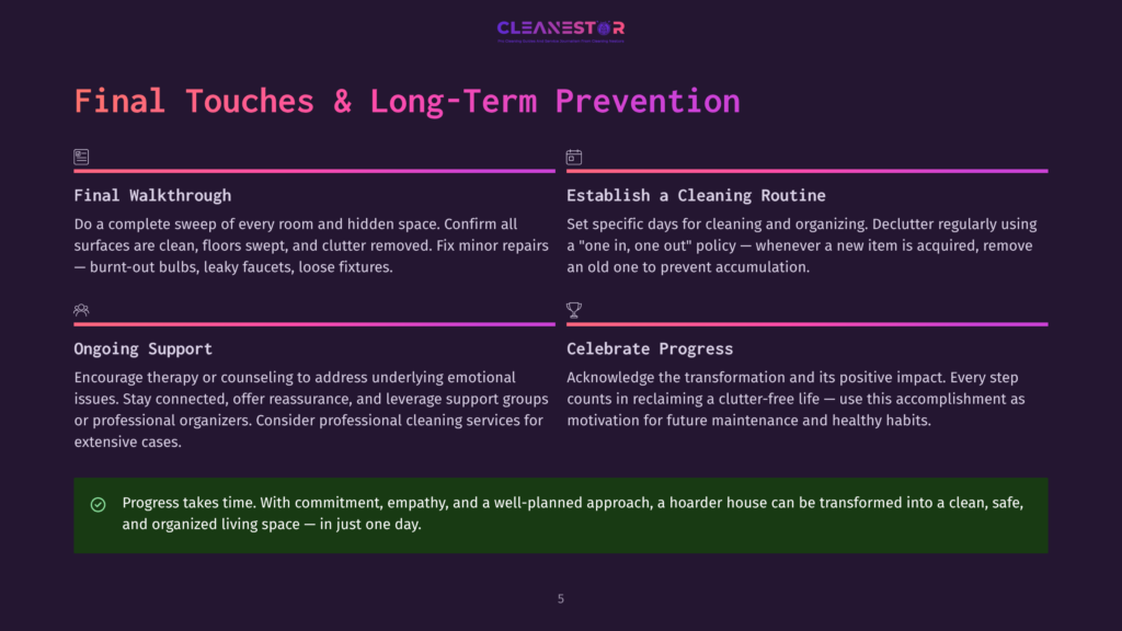 5 Final Touches And Long Term Prevention A Graphic Design With The Title &Quot;Final Touches &Amp; Long-Term Prevention&Quot; From Cleanestor. It Highlights &Quot;Final Walkthrough,&Quot; &Quot;Establish A Cleaning Routine,&Quot; &Quot;Ongoing Support,&Quot; And &Quot;Celebrate Progress&Quot; With Icons And Descriptions.