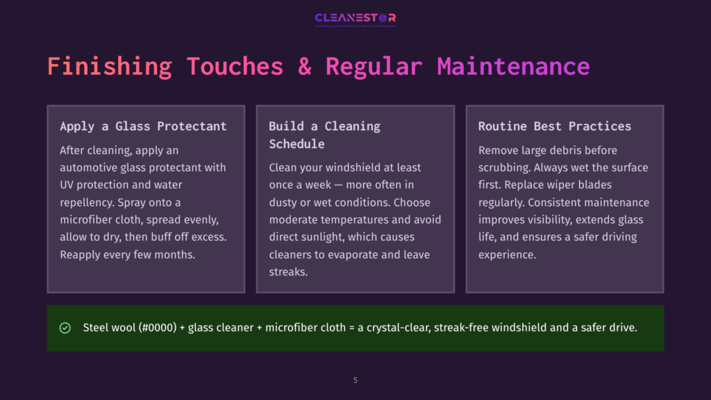A Dark Purple Slide With The Cleanestor Logo And Title &Quot;Finishing Touches &Amp; Regular Maintenance&Quot; Over Three Columns Detailing Glass Protection, Cleaning Schedule, And Best Practices For Automotive Care.