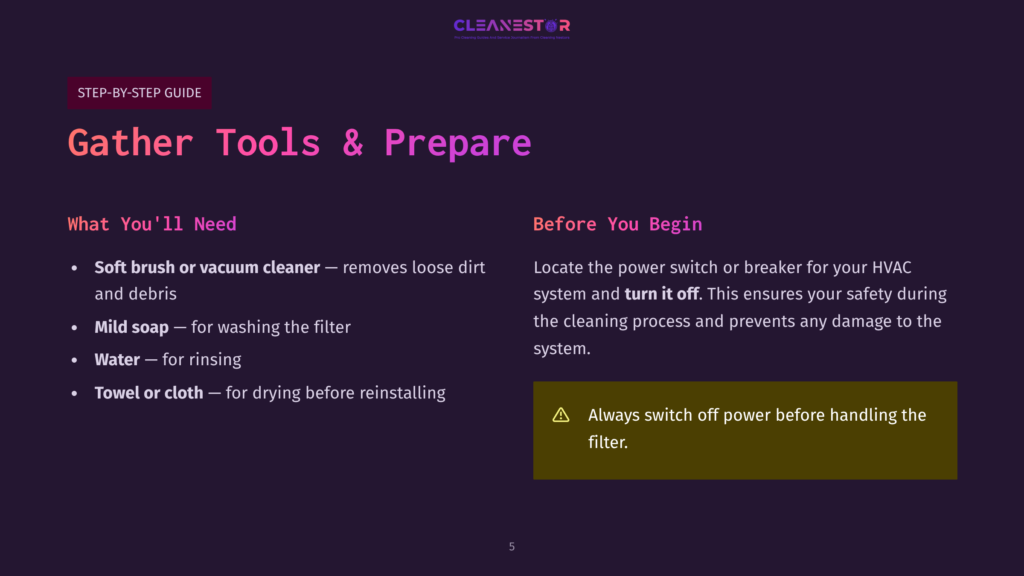 Gather Tools &Amp; Prepare: A Guide Lists What You'Ll Need For Cleaning: Soft Brush, Mild Soap, Water, Towel, And Cloth. It Also Warns To Turn Off Power Before You Begin For Safety.