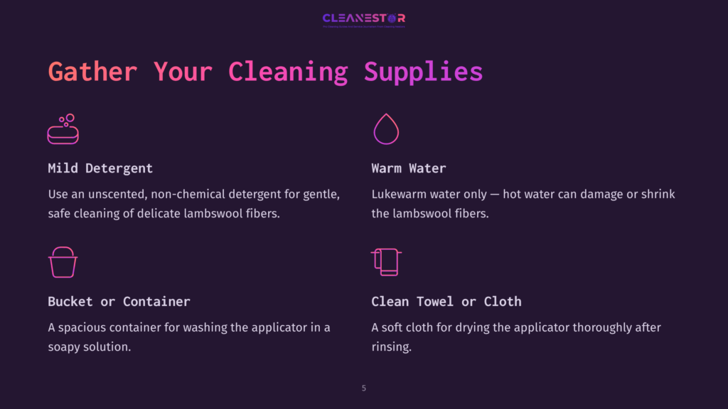 Gather Your Cleaning Supplies: Mild Detergent, Warm Water, Bucket Or Container, Clean Towel Or Cloth Icons And Descriptions For Washing Delicate Lambswool Fibers.