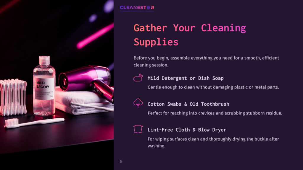 A Collection Of Cleaning Supplies Including A Bottle Of Mild Bagoiy Cleaner, Cotton Swabs, A Toothbrush, A Lint-Free Cloth, And A Purple Hairdryer Are Arranged On A Dark Surface.