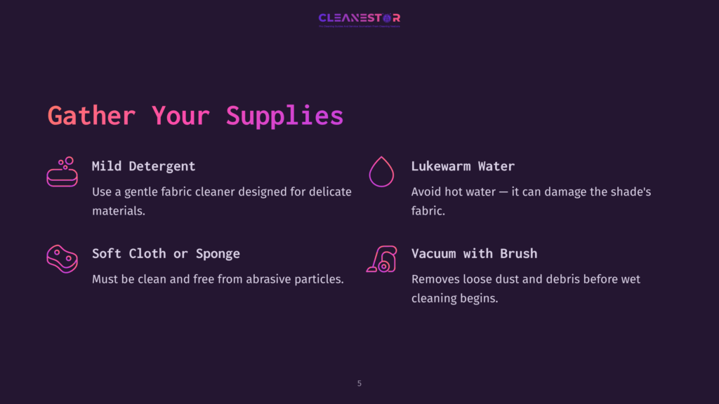 5 Gather Your Supplies Illustration Of Cleaning Supplies: Mild Detergent, Lukewarm Water, And A Soft Cloth Or Sponge. Text Reads &Quot;Gather Your Supplies.