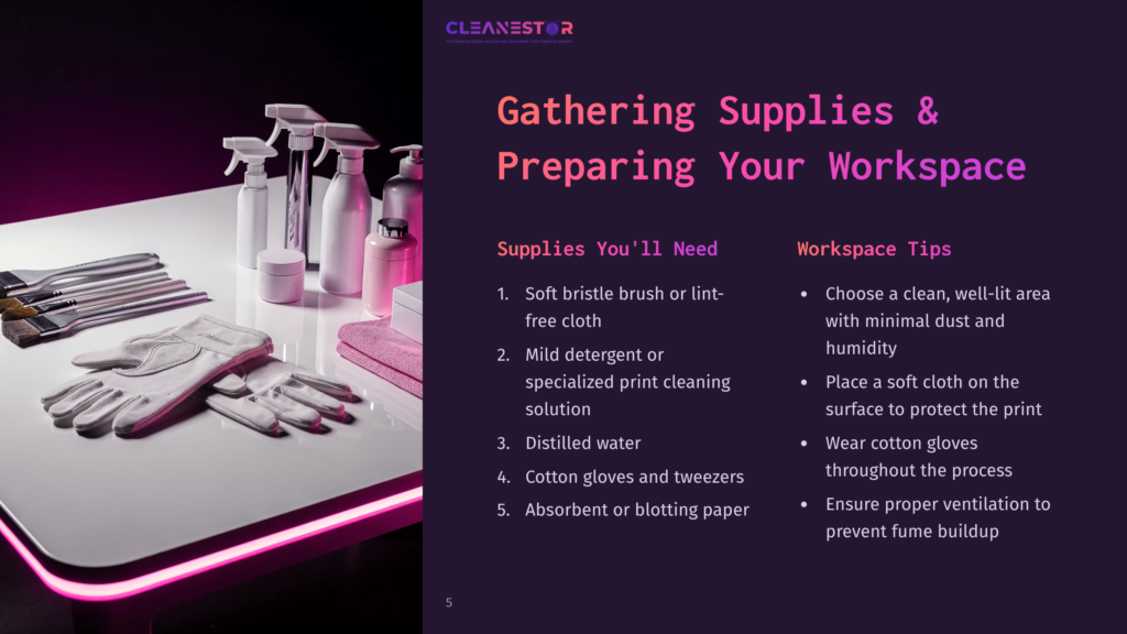 Cleanestor Logo And Text: &Quot;Gathering Supplies &Amp; Preparing Your Workspace.&Quot; Supplies Include Gloves, Brushes, And Cleaning Solutions On A White Table With Neon Pink Lighting.