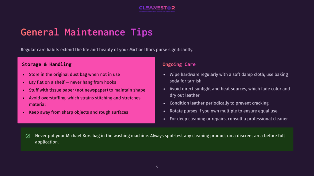 General Maintenance Tips For Michael Kors Purses: Storage &Amp; Handling And Ongoing Care Advice, With A Warning Against Machine Washing.
