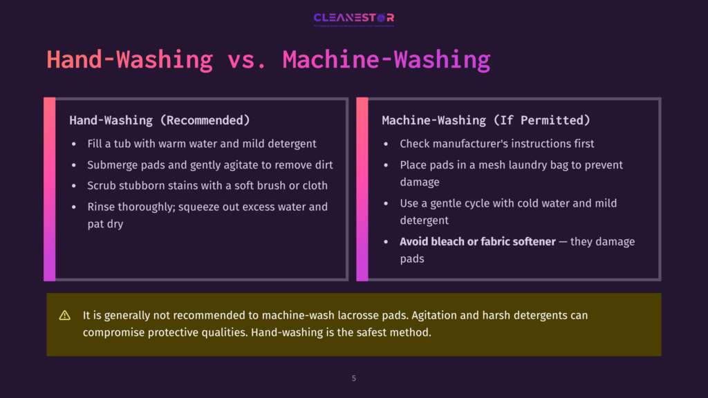 5 Hand Washing Vs Machine Washing Comparison Of Hand-Washing And Machine-Washing Lacrosse Pads, With Detailed Instructions For Each Method. The Image Highlights That Hand-Washing Is The Safest Method.